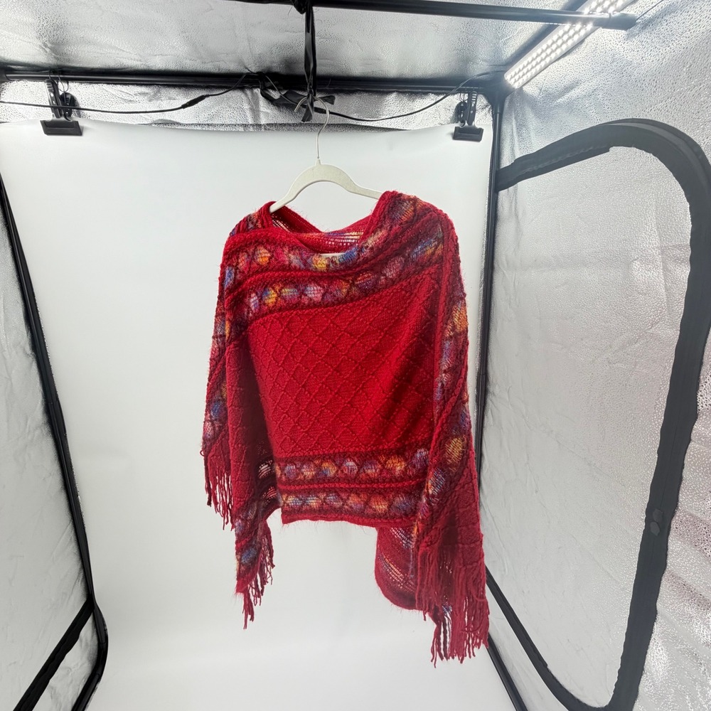Y2K Red Cable Knit Fringe Poncho Sweater Bohemian Space Dye Striped Wrap